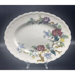 VTG Wood & Sons ASHBOURNE Floral Oval Serving Platter Scalloped Edge England 12”